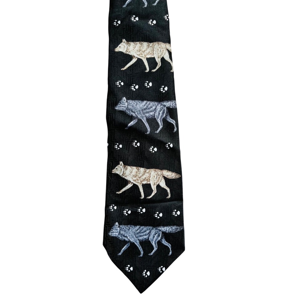 Wildlife Domain Wolves Marc Dennis Vintage 1998 Black Herringbone Silk Necktie